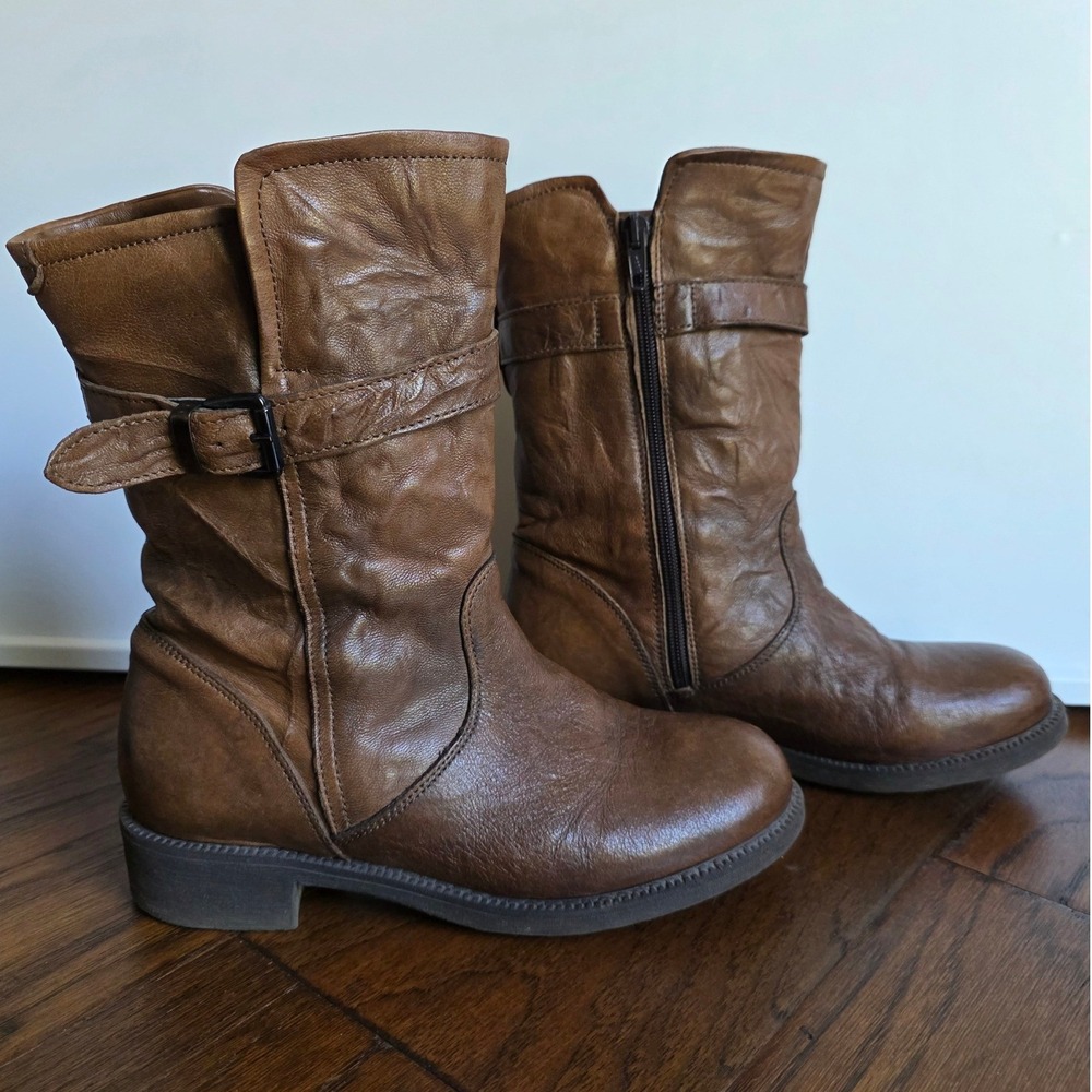 Sundance Brown Leather Moto Boots Made in Italy Mid Calf Buckle Zip Size 37